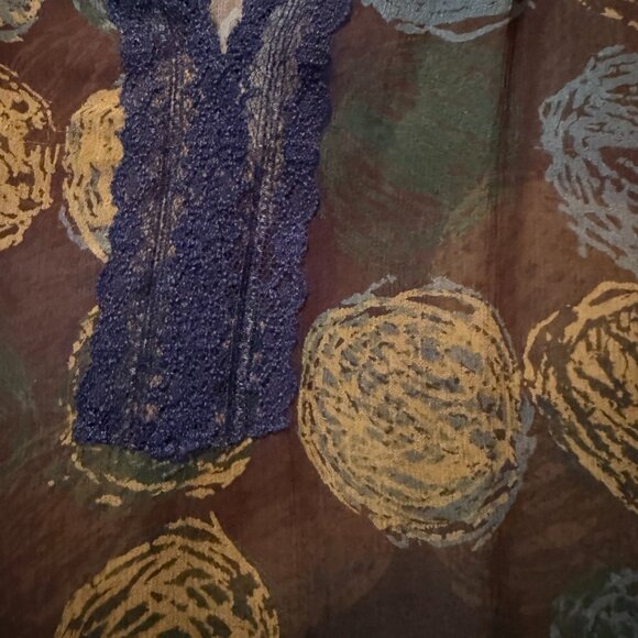 BCBGMaxAzria | Silk + Lace Sheer Patterned Blouse | Brown/Navy | Size: L - Picture 8 of 10